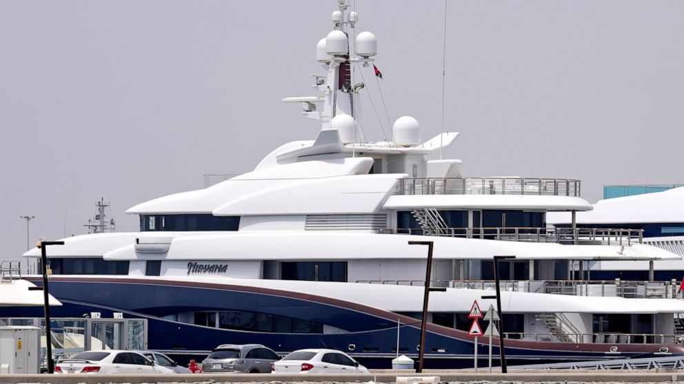 The Nirvana, a sleek 88-meter-long superyacht worth about $300 million, owned by Vladimir Potanin, head of the world's largest refined nickel and palladium producer in Russia, is docked at Port Rashid terminal in Dubai, United Arab Emirates, Tuesday,