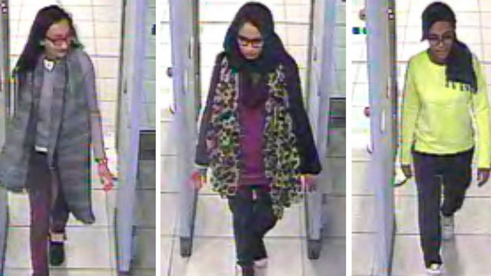 FILE - This is a Monday Feb. 23, 2015 file handout image of a three image combo of stills taken from CCTV issued by the Metropolitan Police Kadiza Sultana, left, Shamima Begum, centre and and Amira Abase going through security at Gatwick airport, bef
