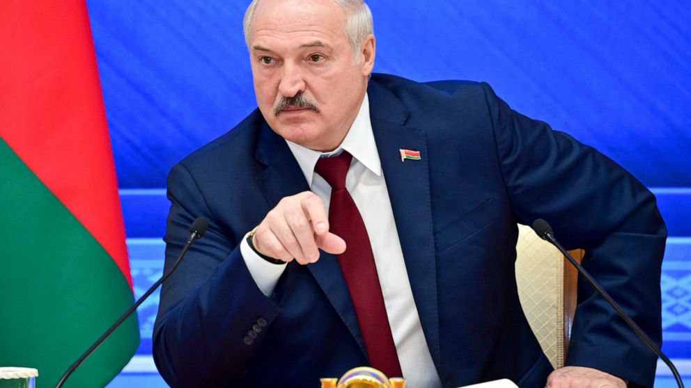 FILE - In this Monday, Aug. 9, 2021 file photo, Belarusian President Alexander Lukashenko gestures while speaking during an annual press conference in Minsk, Belarus. The authoritarian leader of Belarus said Wednesday Sept. 1, 2021, that the country 