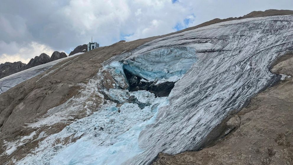 This undated image made available Monday, July 4, 2022, by the press office of the Autonomous Province of Trento shows the glacier in the Marmolada range of Italy's Alps near Trento from which a large chunk has broken loose Sunday, killing at least s