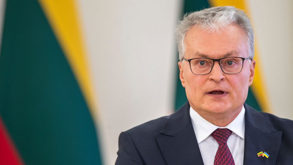 FILE - Lithuanian President Gitanas Nauseda speaks a media conference at the Presidential palace in Vilnius, March 21, 2022. Lithuania says it has cut itself off entirely of gas imports from Russia, apparently becoming the first of the European Union