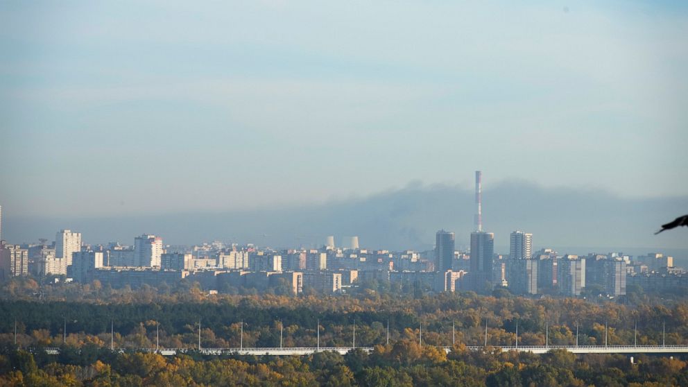 Smoke rises after Russian shelling in Kyiv, Ukraine, Tuesday, Oct. 18, 2022. (AP Photo/Efrem Lukatsky)