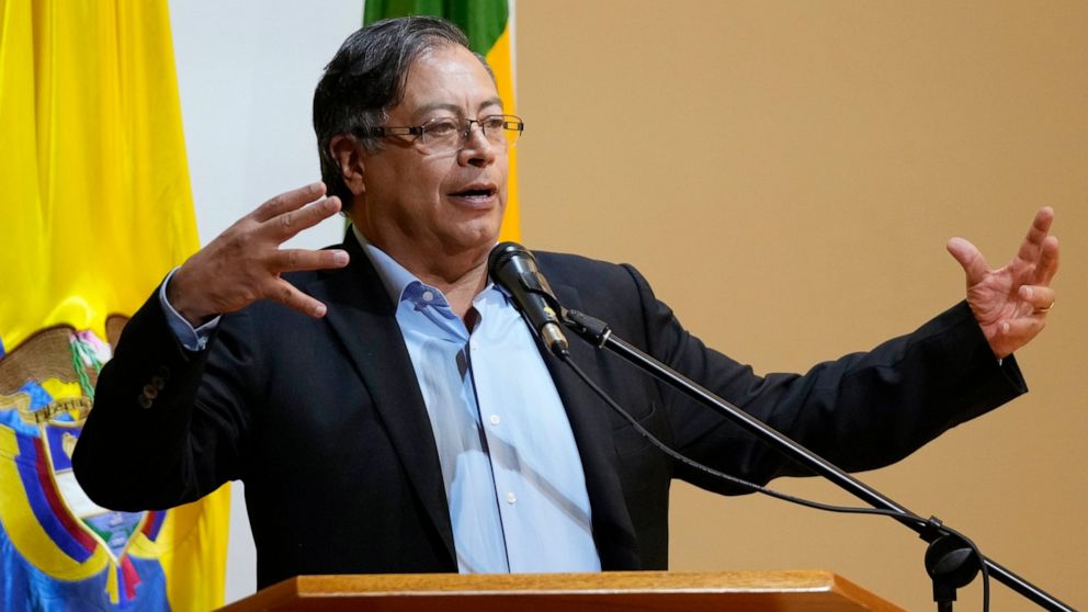 Colombia's President-elect Gustavo Petro speaks to students at Externado University in Bogota, Colombia, Tuesday, July 26, 2022. Petro gave a talk to students at his alma mater where he studied economics, ahead of his Aug. 7 inauguration. (AP Photo/F