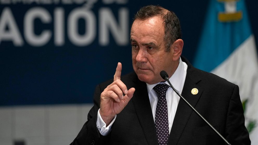 Guatemalan President Alejandro Giammattei speaks at a new facility to receive deported Guatemalans at La Aurora Air Force base during its inauguration ceremony also attended by U.S. Secretary of Homeland Security Alejandro Mayorkas in Guatemala City,