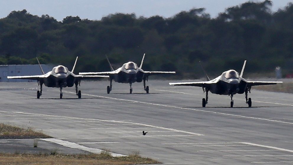 FILE -F-35B aircraft pass on a runway after landing at the Akrotiri Royal air forces base near city of Limassol, Cyprus, Tuesday, May 21, 2019. Germany announced Monday that it will replace its ageing fleet of Tornado bomber jets with U.S.-made F-35 