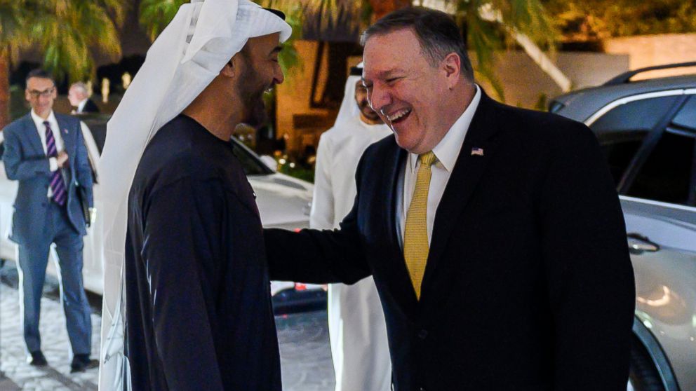 Abu Dhabi's Crown Prince Sheikh Mohammed bin Zayed Al Nahyan greets visiting US Secretary of State Mike Pompeo prior to their meeting at Al-Shati Palace in the UAE capital Abu Dhabi on Saturday, Jan. 12, 2019. (Andrew Caballero-Reynolds/Pool Photo via AP)