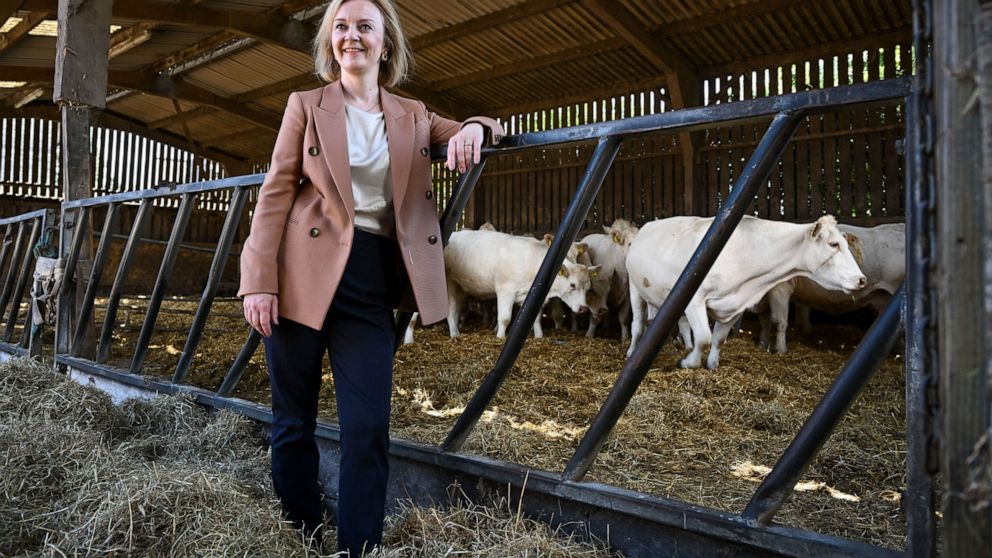 Liz Truss visits Twelve Oaks Farm in Newton Abbot, south west England, Monday Aug. 1, 2022. Rishi Sunak and Foreign Secretary Liz Truss are running to succeed Boris Johnson as party leader. The winner will be chosen by Conservative Party members acro
