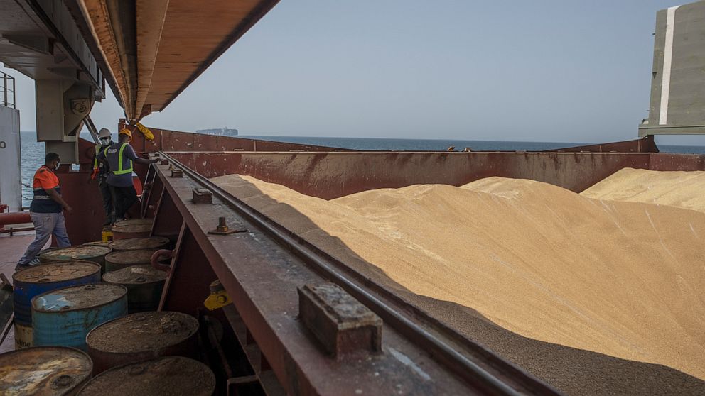 Maritime workers stand by grain onboard the Brave Commander bulk carrier ship after it arrived in the port of Djibouti city, Djibouti Tuesday, Aug. 30, 2022. The first ship carrying grain from Ukraine for people in the hungriest parts of the world ha