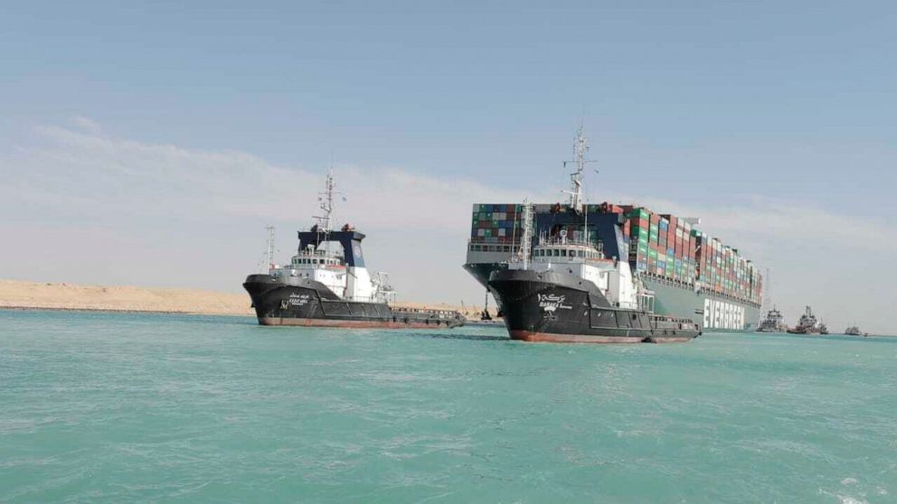 FILE - In this Monday, March 29, 2021, file photo released by Suez Canal Authority, the Ever Given, a Panama-flagged cargo ship is accompanied by Suez Canal tugboats as it moves in the Suez Canal, Egypt. The Suez Canal Authority on Sunday, July 4, 20