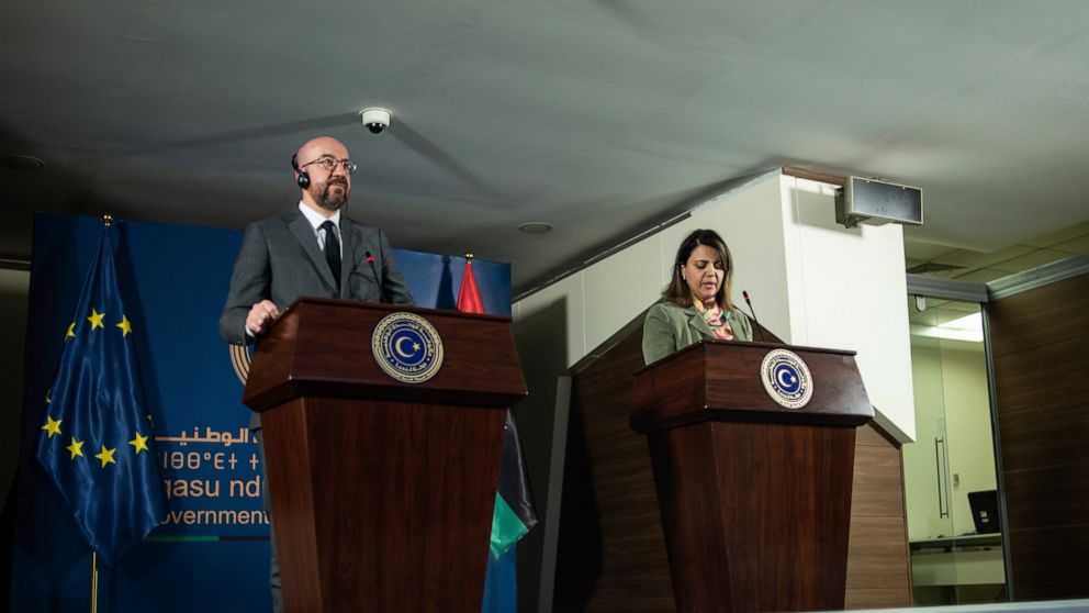 Najla Al-Manqoush, the Minister of Foreign Affairs, gives a press statement together with Mr. Charles Michel, the President of the European Council over the agreement of the European Union's support of peace and stability for Libya at the Prime Minis