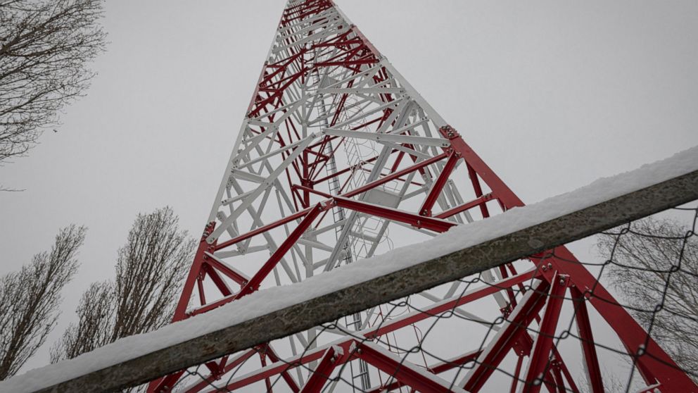 A view of a phone tower of Ukrainian mobile telephone network operator Kyivstar seen in the outskirts of Kyiv, Ukraine, Wednesday, Nov. 30, 2022. With Ukraine racing to keep communications lines open in wartime, the country's phone operators have mob