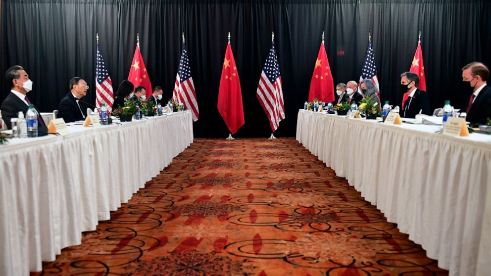 FIEL - In this March 18, 2021, file photo, Secretary of State Antony Blinken, second from right, joined by national security adviser Jake Sullivan, right, speaks while facing Chinese Communist Party foreign affairs chief Yang Jiechi, second from left