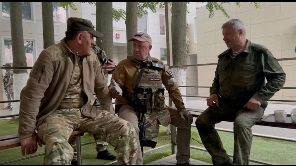 PHOTO: Wagner private mercenary group leader Yevgeny Prigozhin speaks with Russian Deputy Minister of Defense Yunus-Bek Yevkurov, at the headquarters of the Southern Military District of the Russian Armed Forces in Rostov-on-Don, Russia on June 24, 2023.