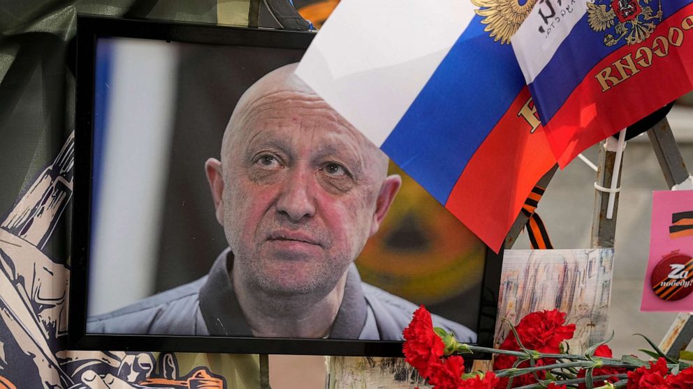 PHOTO: A portrait of the owner of private military company Wagner Group Yevgeny Prigozhin lays at an informal street memorial near the Kremlin in Moscow, Russia, Saturday, Aug. 26, 2023.