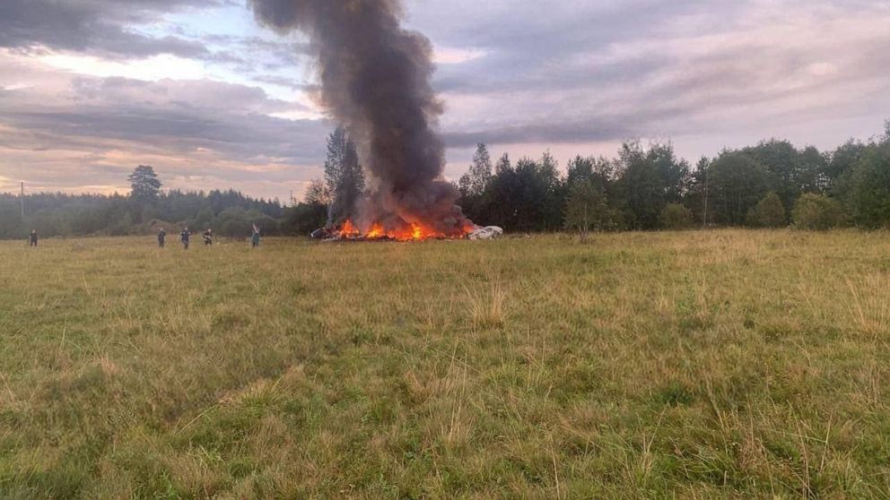 PHOTO: Plane wreckage burns following an air accident in Tver, Russia, Aug. 23, 2023.