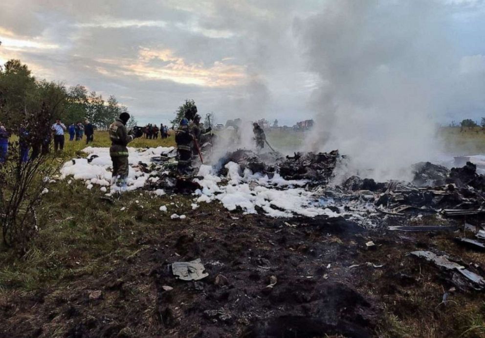PHOTO: Firefighters work amid aircraft wreckage at an accident scene following the crash of a private jet in the Tver region, Russia, August 23, 2023.