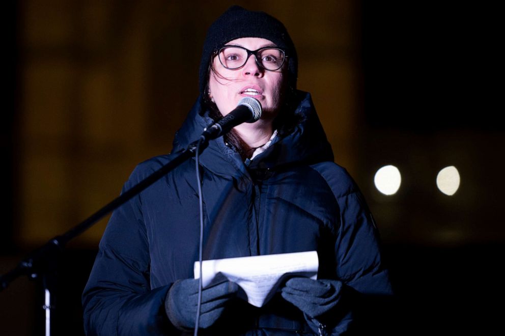 PHOTO: Yuliya Kovaliv, ambassador of Ukraine to Canada, speaks during a vigil marking one year since the Russian invasion of Ukraine on Parliament Hill in Ottawa, Ontario, Friday, Feb. 24, 2023.