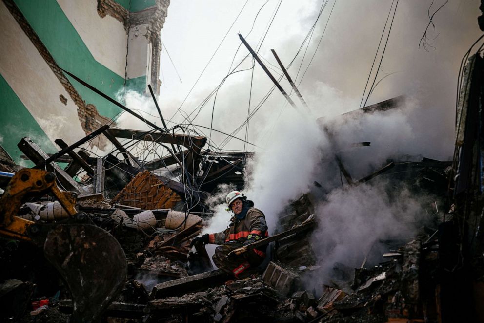 PHOTO: A Ukrainian firefighter sets on the rubbles after a strike in Zaporizhzhia on Oct. 6, 2022, amid the Russian invasion of Ukraine.