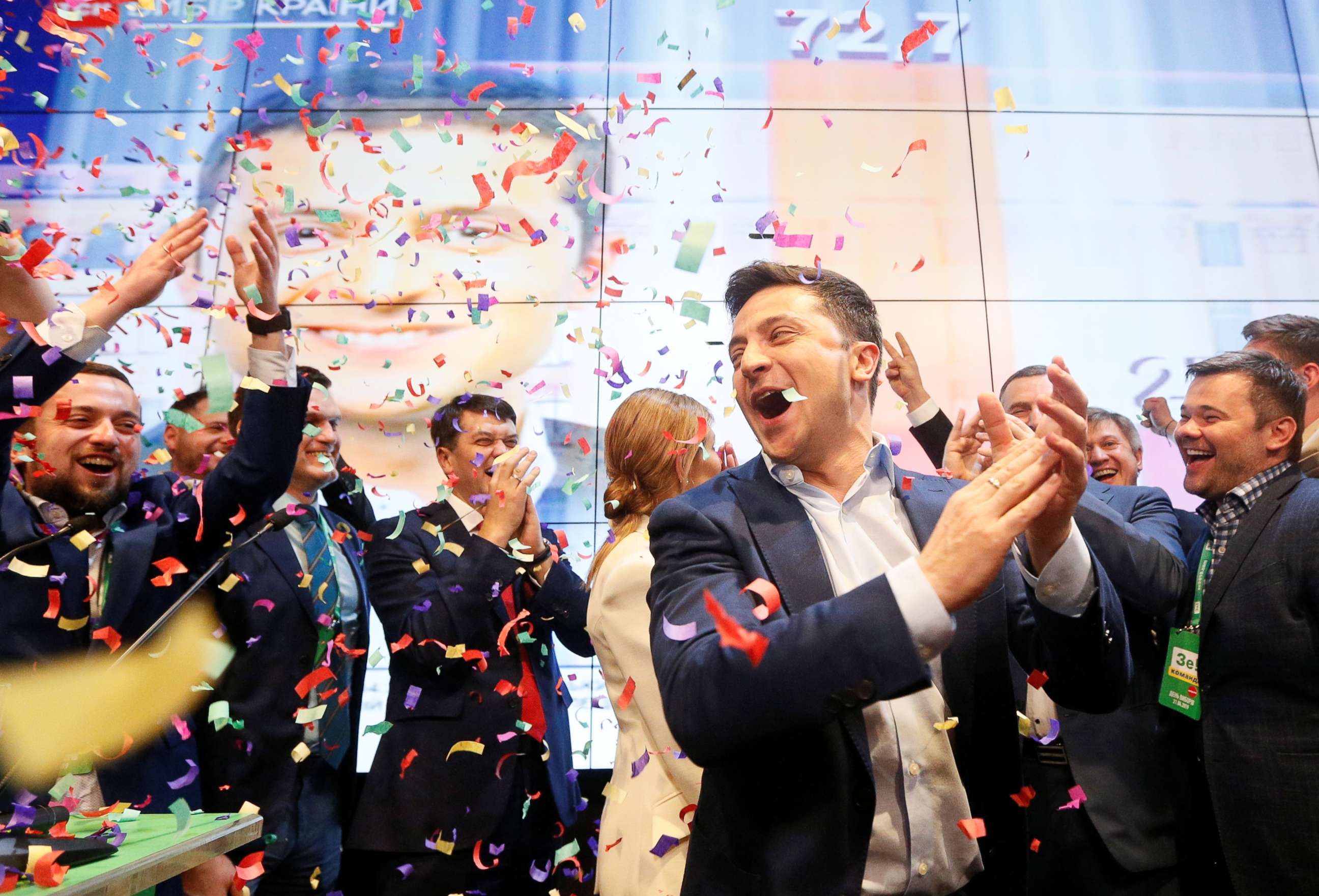 PHOTO: Ukrainian presidential candidate Volodymyr Zelenskiy reacts following the announcement of the first exit poll in a presidential election at his campaign headquarters in Kiev, Ukraine April 21, 2019. REUTERS/Valentyn Ogirenko