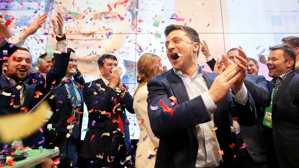 PHOTO: Ukrainian presidential candidate Volodymyr Zelenskiy reacts following the announcement of the first exit poll in a presidential election at his campaign headquarters in Kiev, Ukraine April 21, 2019. REUTERS/Valentyn Ogirenko