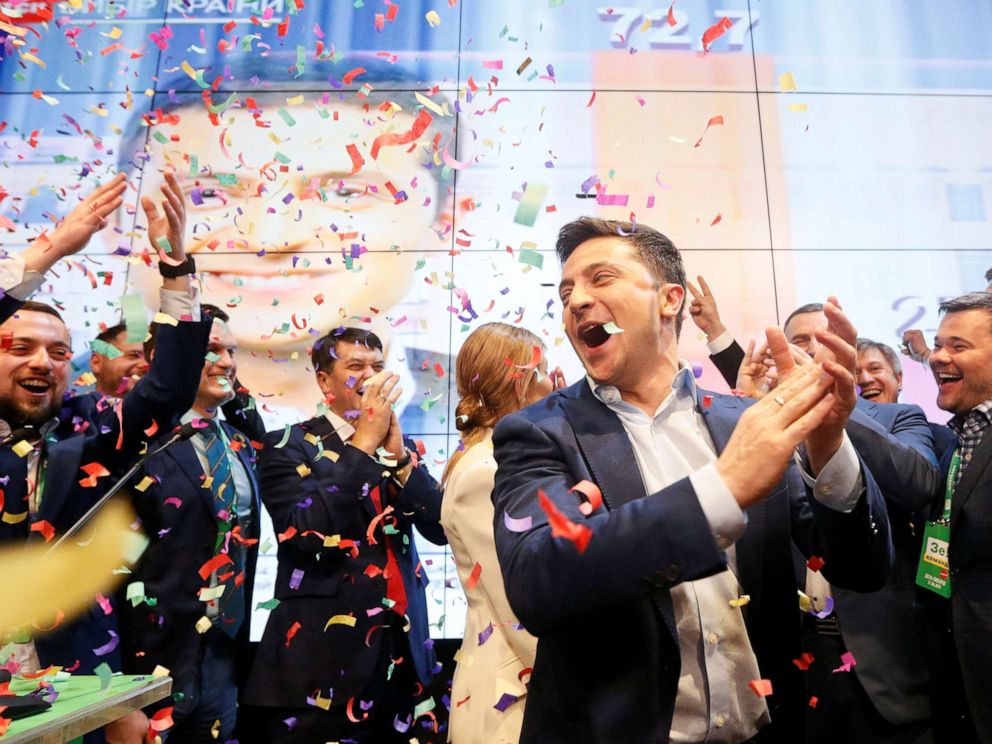 PHOTO: Ukrainian presidential candidate Volodymyr Zelenskiy reacts following the announcement of the first exit poll in a presidential election at his campaign headquarters in Kiev, Ukraine April 21, 2019. REUTERS/Valentyn Ogirenko