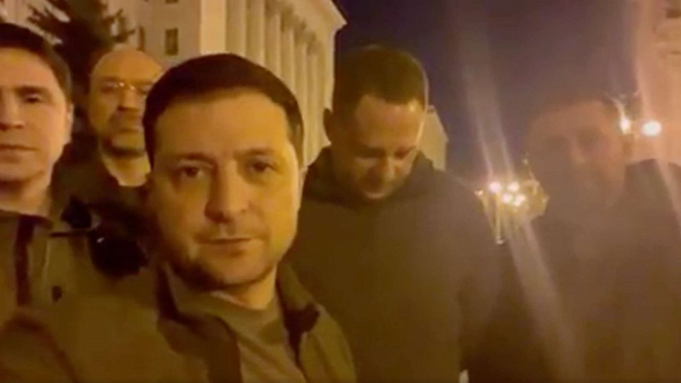 PHOTO: Ukraine’s president Volodymyr Zelenskyy posted a video showing himself standing outside the president’s office in central Kyiv, Ukraine, Feb. 25, 2022, along his defense minister, prime minister and parliamentary leader.