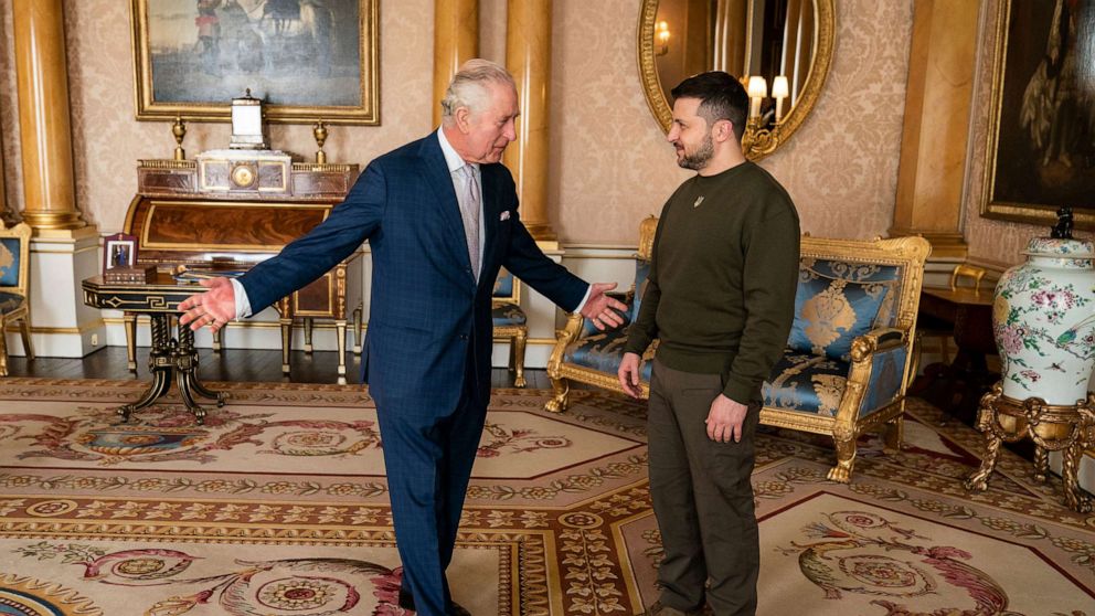PHOTO: King Charles III holds an audience with Ukrainian President Volodymyr Zelenskyy, right, at Buckingham Palace in London, Feb. 8, 2023.