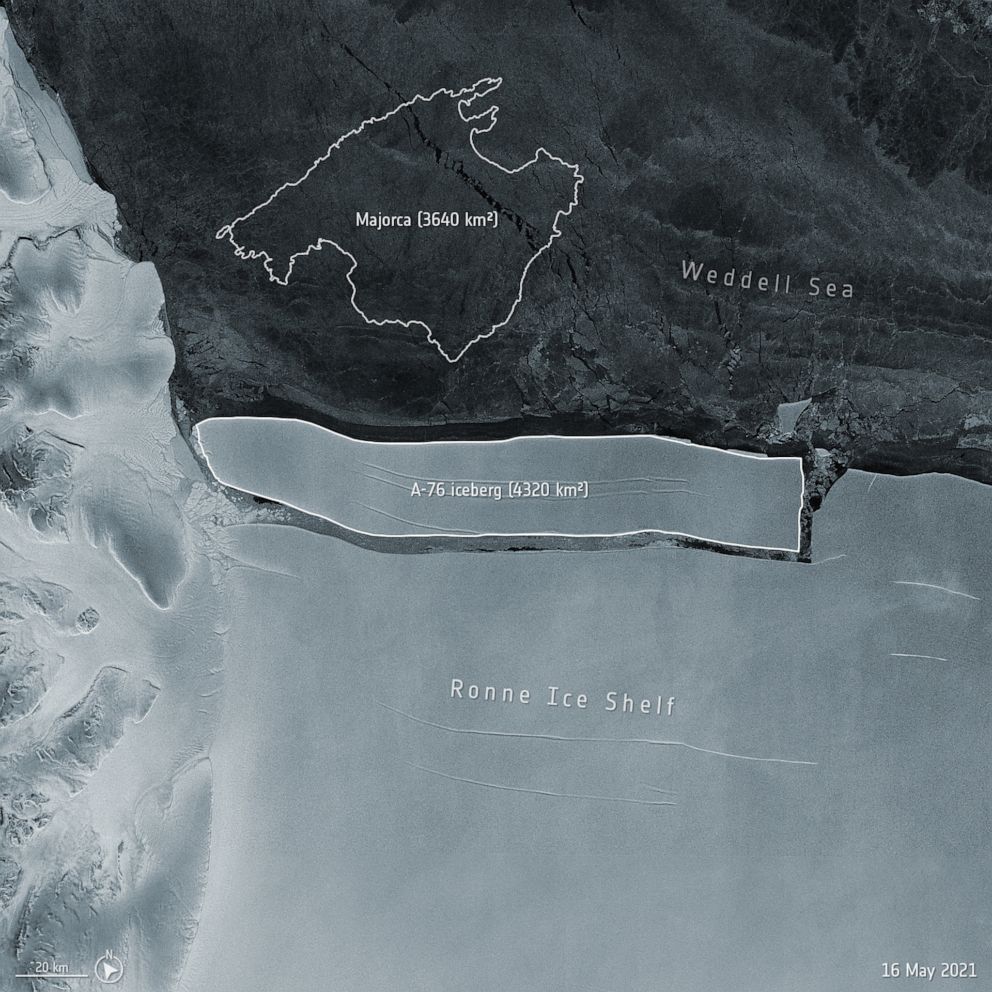 PHOTO: A view of the newly calved iceberg dubbed A-76, the largest currently afloat in the world, is captured by the European Space Agency''s Copernicus Sentinel-1 mission in this handout photo dated May 16, 2021.