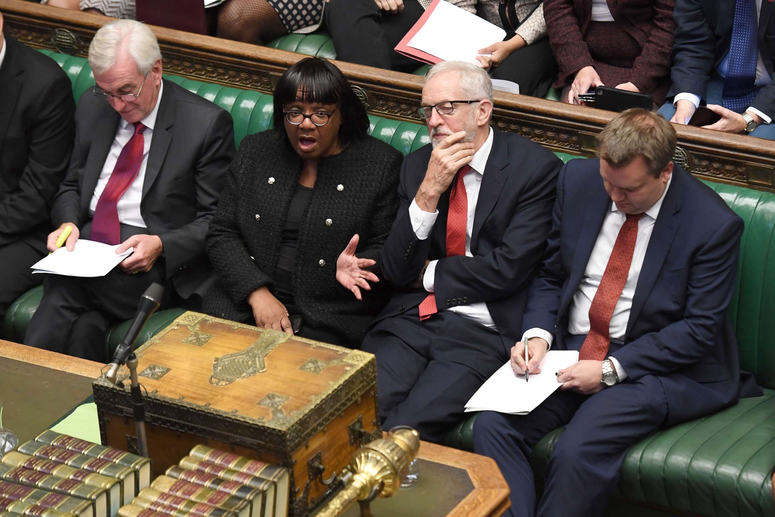 PHOTO:Labour party's shadow Chancellor John McDonnell, Labour Party shadow home secretary Diane Abbott, Labour Party Leader Jeremy Corbyn and Labour Party Mp Nick Thomas-Symonds sitting in the House of Commons in London, Sept. 25, 2019.