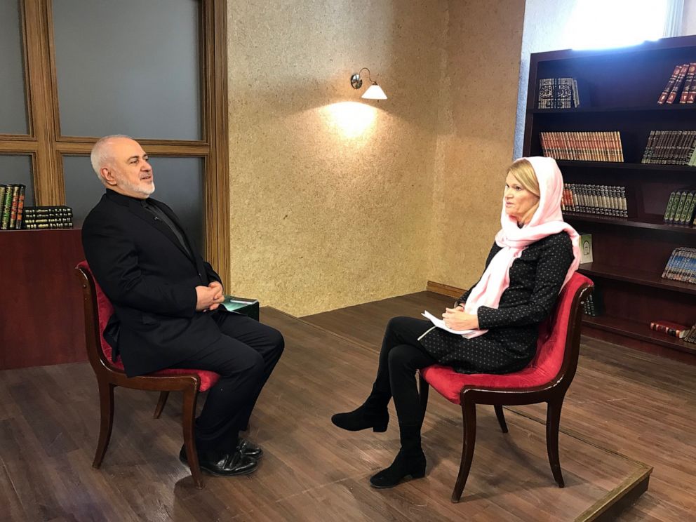 PHOTO: Iranian Foreign Minister Mohammad Javad Zarif, left, sits down for an interview with ABC News Chief Global Affairs Correspondent Martha Raddatz in Tehran, Iran, on Jan. 7, 2020.