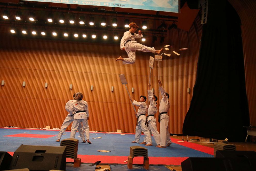 Members of North Korea's taekwondo demonstration team perform in Seoul on Feb. 13, 2018.