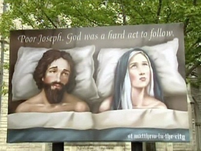 VIDEO: A church advertisement depicts an unhappy Joseph in bed with Mary.
