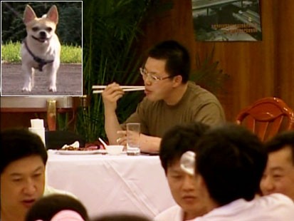 Picture of a dog and man eating.