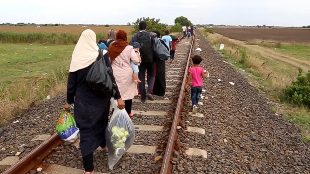 PHOTO: The Hilel family pictured in Serbia as they walk the train tracks towards Hungary.