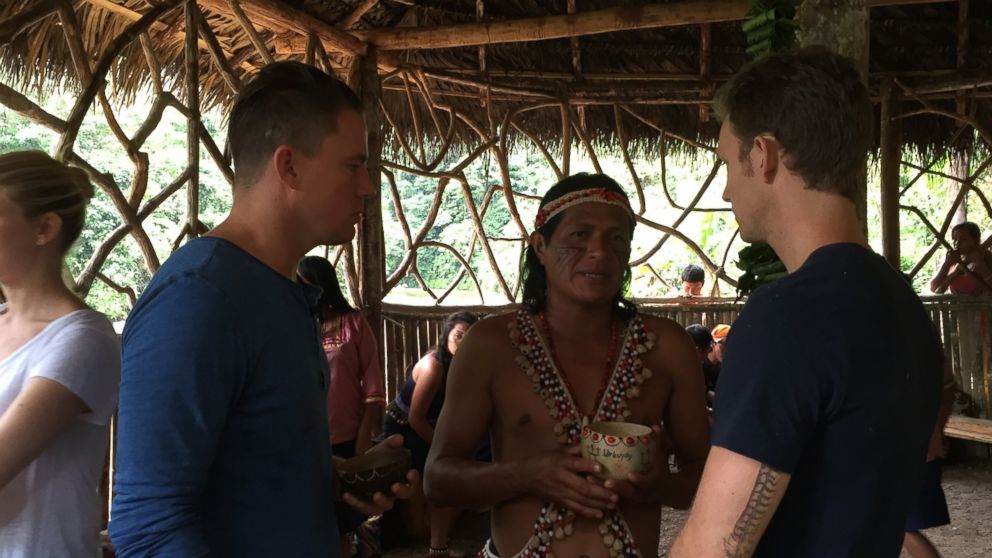 Channing Tatum (left) and Runa co-founder Tyler Gage (right) talk with a Kichwa elder.
