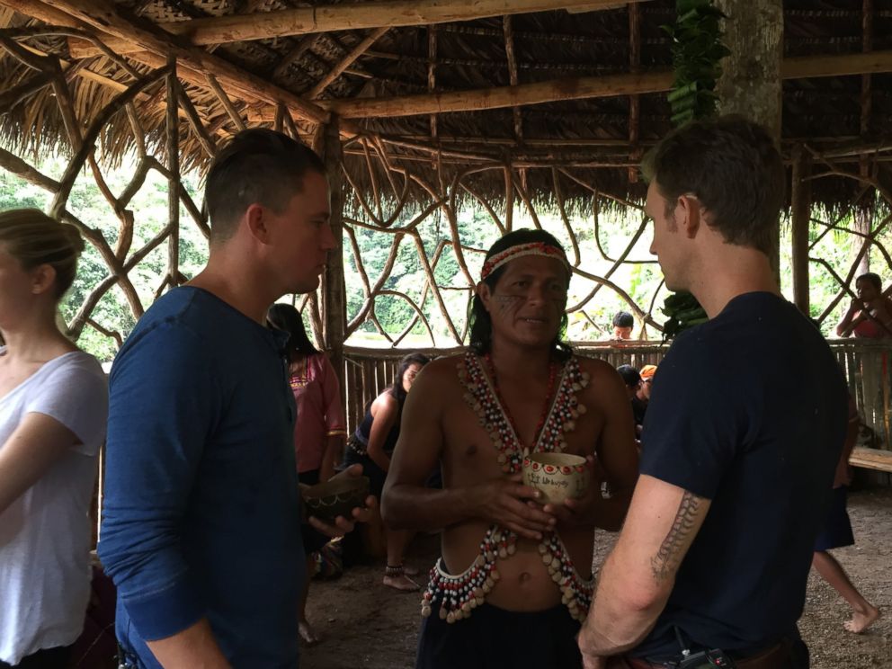 Channing Tatum (left) and Runa co-founder Tyler Gage (right) talk with a Kichwa elder.