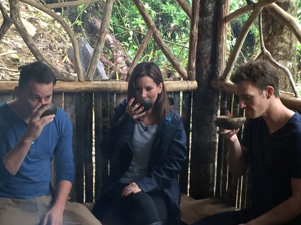 Channing Tatum (left), ABC's Rebecca Jarvis (center) and Tyler Gage (right) enjoy bowls of Guayusa leaf tea.