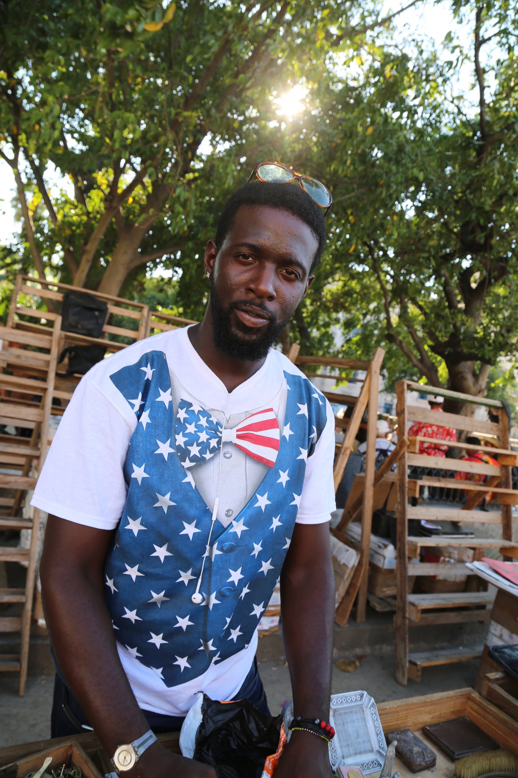 PHOTO: Albert, a Cuban street vendor, wears his American-themed shirt on August 12, 2015. 