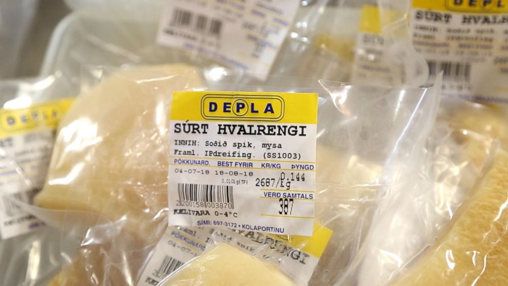 Fin whale meat being sold at an Icelandic grocery store. 