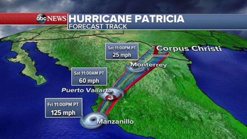 PHOTO: A forecast track shows the path that Hurricane Patricia is expected take when it hits Mexico.