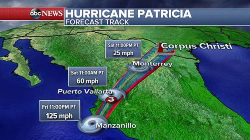 PHOTO: A forecast track shows the path that Hurricane Patricia is expected take when it hits Mexico.