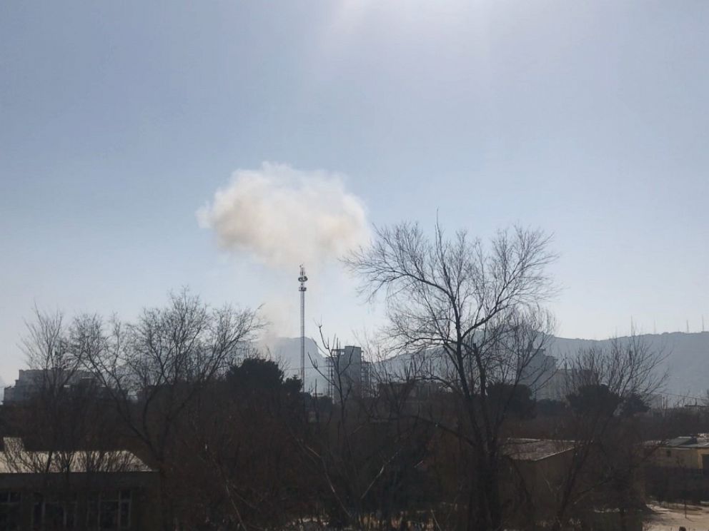 PHOTO: Smoke rises into the sky in Kabul, Afghanistan, following an explosion near the former Interior Ministrys building.