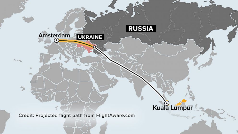 PHOTO: The flight path of MH17, which departed Amsterdam and crashed in east Ukraine en route to Kuala Lumpur, Malaysia, July 17, 2014.