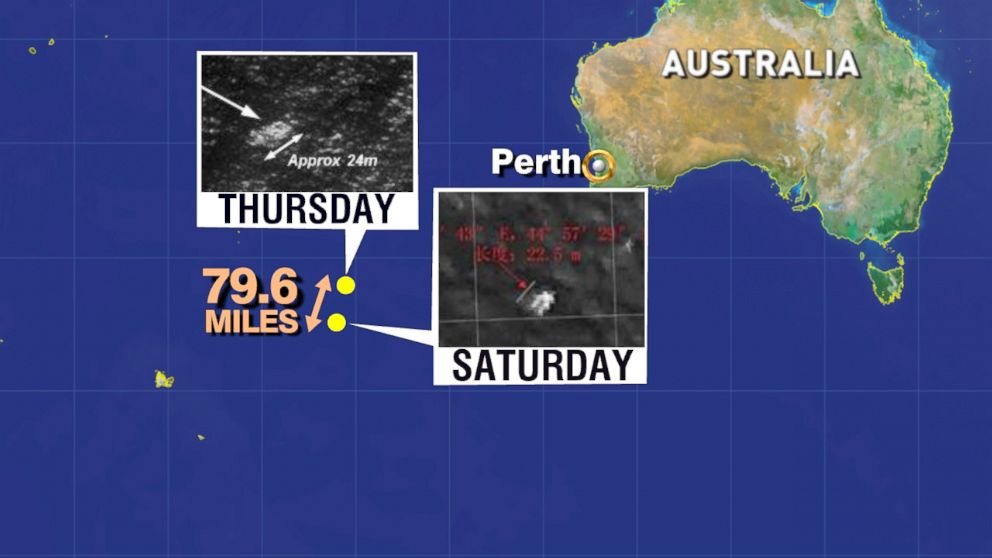 A map showing the search area off the coast of Australia for Malaysia Airlines Flight 370, March 22, 2014.