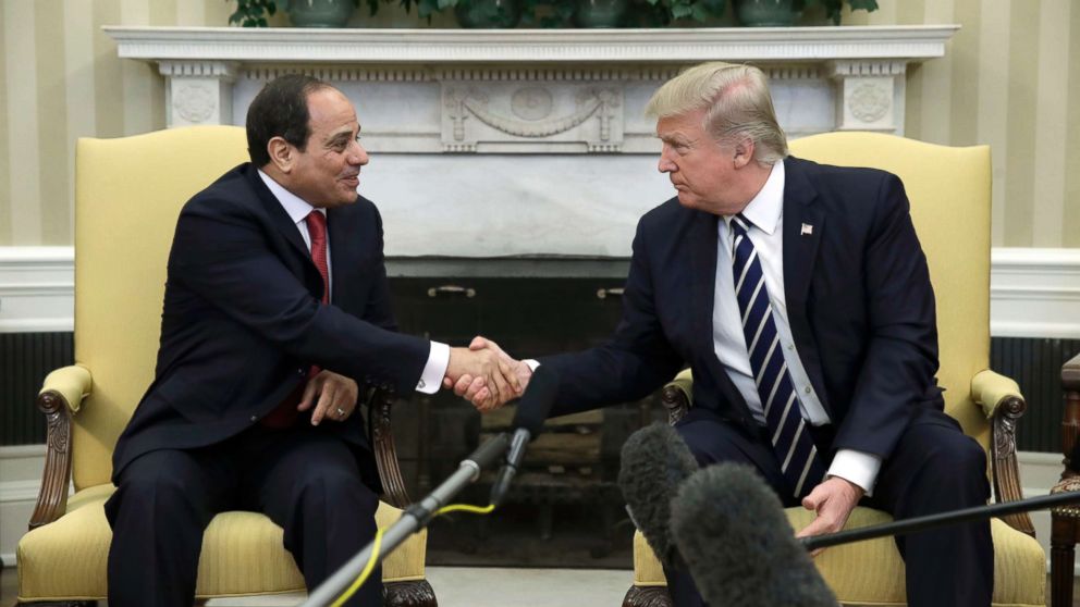 President Donald Trump shakes hands with Egyptian President Abdel Fattah al-Sisi in the Oval Office of the White House in Washington, April, 3, 2017.