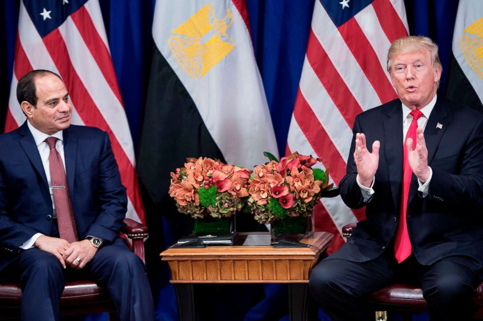 PHOTO: Egypt's President Abdel Fattah el-Sisi listens while President Donald Trump makes a statement to the press before a meeting during the 72nd United Nations General Assembly, Sept. 20, 2017, in New York City.