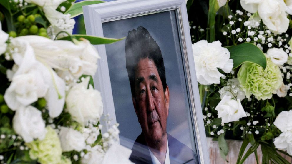FILE PHOTO: A picture of late former Japanese Prime Minister Shinzo Abe is seen in Tokyo, Japan, on July 12, 2022.