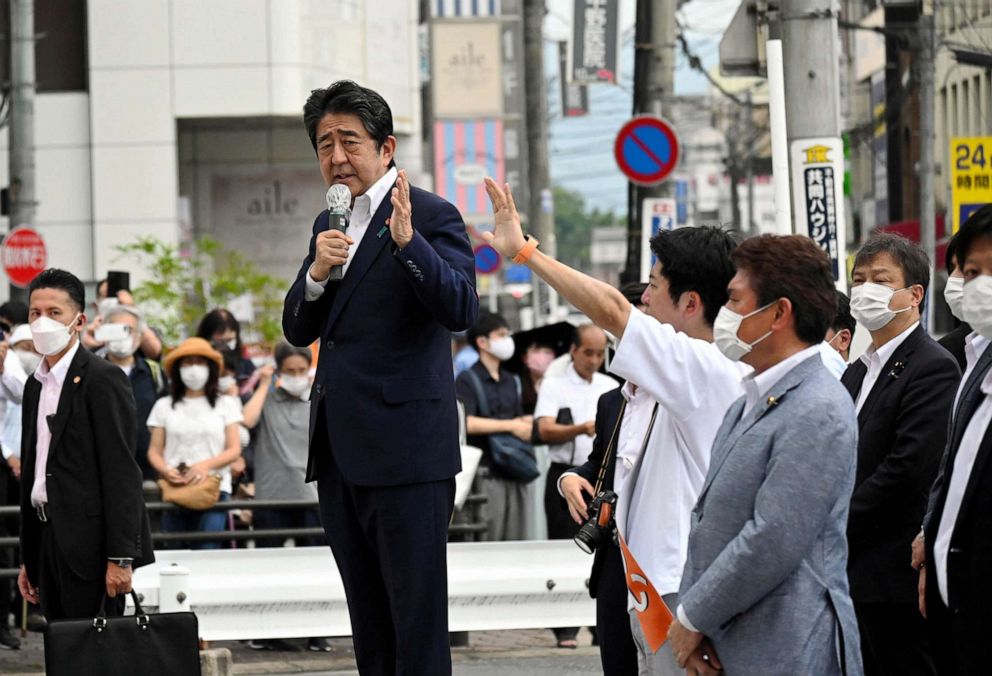PHOTO: Former Japanese prime minister Shinzo Abe makes a speech before he was shot from behind by a man in Nara, western Japan on July 8, 2022.