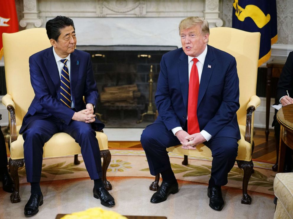 PHOTO: President Donald Trump takes part in a bilateral meeting with Japans Prime Minister Shinzo Abe in the Oval Office of the White House in Washington, D.C. in this April 26, 2019 file photo.
