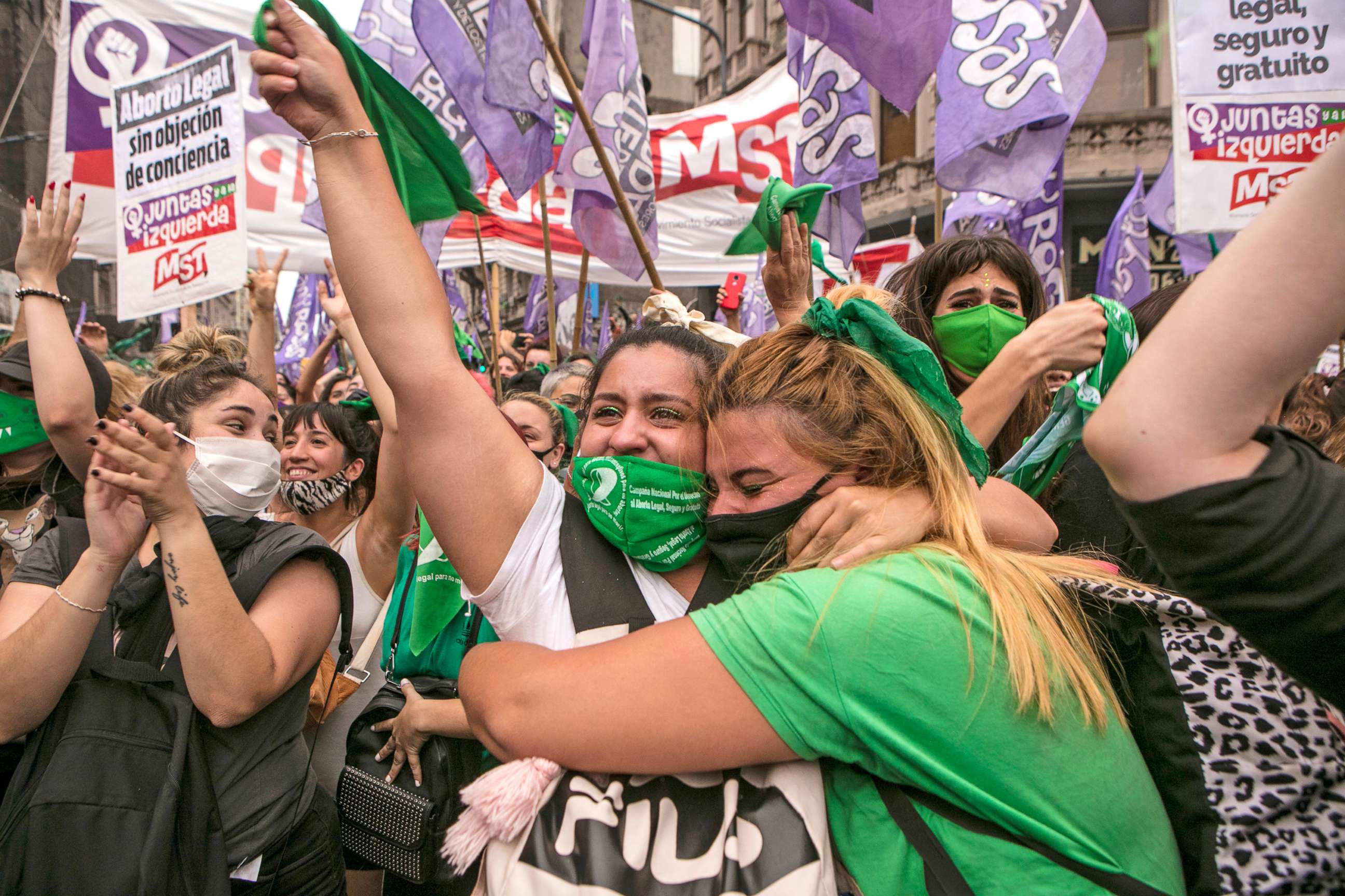 PHOTO: Pro-choice demonstrators celebrate after a bill to legalize abortion is advanced by the lower house representatives in Buenos Aires, Argentina, on Dec. 11, 2020. The bill will now pass to the Senate for its review.